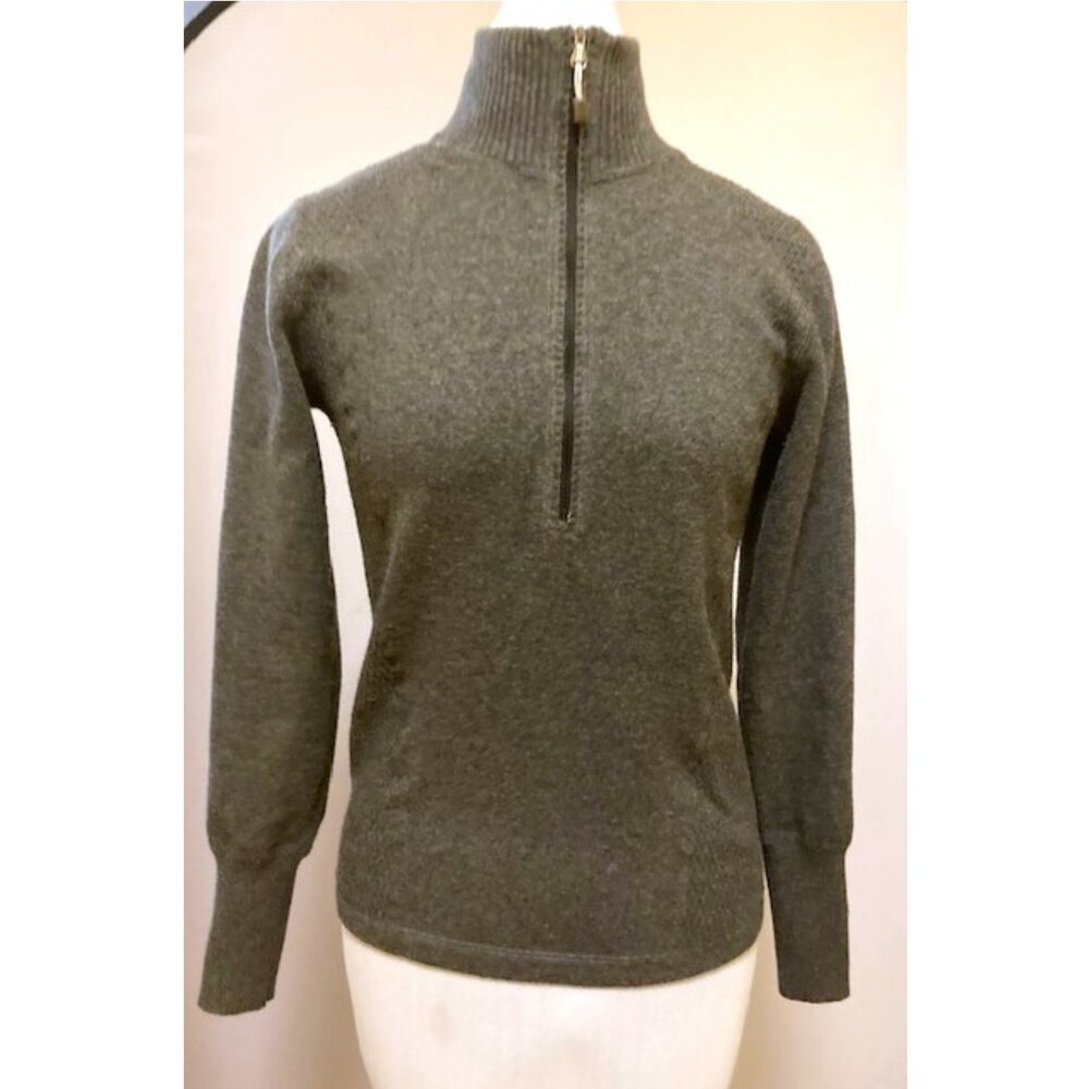 Eddie Bauer grey front zip turtleneck sweater with diamond stitch shoulders and